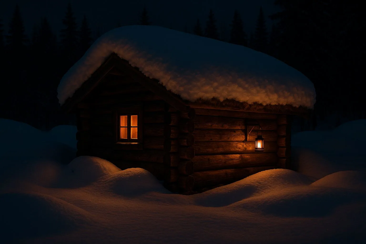 Malmfuru — Hand-hewn log houses on a midwinter night, Nore, Numedal