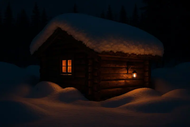 Malmfuru — Hand-hewn log houses on a midwinter night