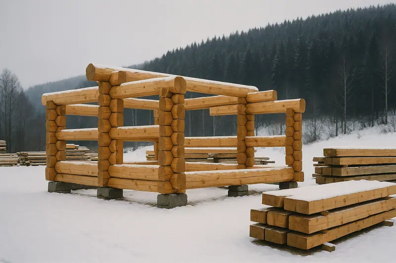 Tyri — Hand-hewn log yard in snow-light